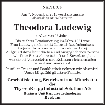 Traueranzeige von Theodora Ludewig von Die Glocke