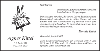 Traueranzeige von Agnes Kittel von Die Glocke