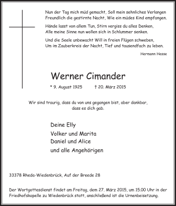 Traueranzeige von Werner Cimander von Die Glocke