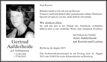 Traueranzeige von Gertrud Aufderheide von Die Glocke