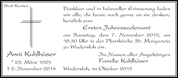 Traueranzeige von Anne Kuhlhüser von Die Glocke