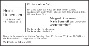 Traueranzeige von Heinz Linnemann von Die Glocke