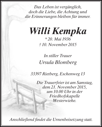Traueranzeige von Willi Kempka von Die Glocke