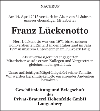 Traueranzeige von Franz Lückenotto von Die Glocke