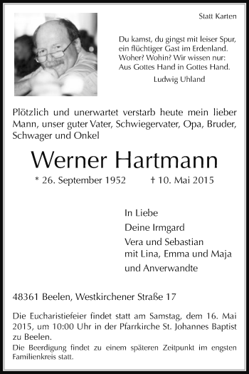 Traueranzeige von Werner Hartmann von Die Glocke
