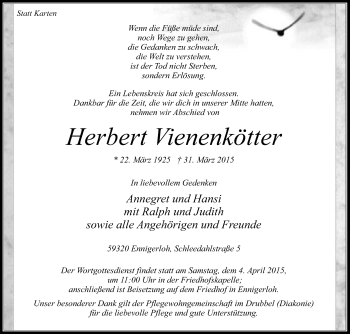 Traueranzeige von Herbert Vienenkötter von Die Glocke