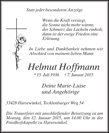Traueranzeige von Helmut Hoffmann von Die Glocke