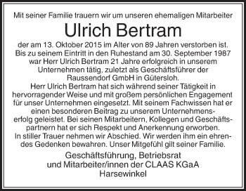 Traueranzeige von Ulrich Bertram von Die Glocke