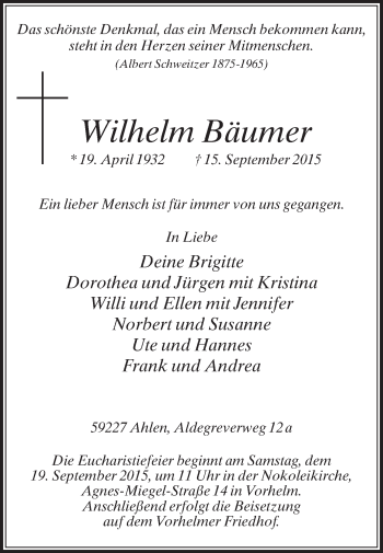 Traueranzeige von Wilhelm Bäumer von Die Glocke
