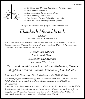 Traueranzeige von Elisabeth Merschbrock von Die Glocke