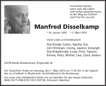 Traueranzeige von Manfred Diesselkamp von Die Glocke