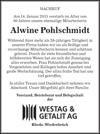 Traueranzeige von Alwine Pohlschmidt von Die Glocke