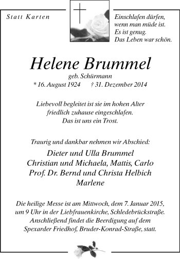 Traueranzeige von Helene Brummel von Die Glocke