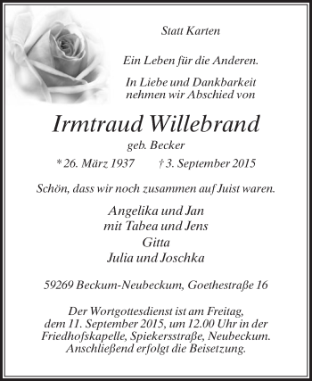 Traueranzeige von Irmtraud Willebrand von Die Glocke