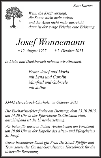 Traueranzeige von Josef Wonnemann von Die Glocke