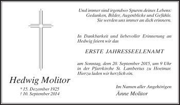 Traueranzeige von Hedwig Molitor von Die Glocke