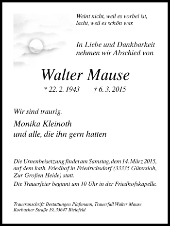 Traueranzeige von Walter Mause von Die Glocke