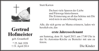 Traueranzeige von Gertrud Hofmeister von Die Glocke