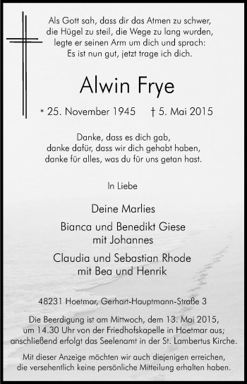 Traueranzeige von Alwin Frye von Die Glocke