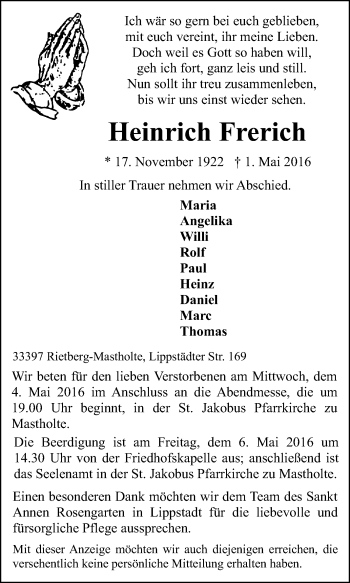 Traueranzeige von Heinrich Frerich von Die Glocke