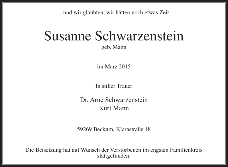  Traueranzeige für Susanne Schwarzenstein vom 03.04.2015 aus Die Glocke