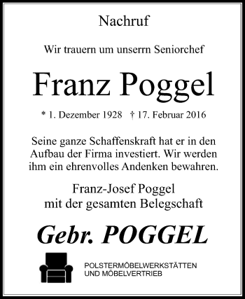 Traueranzeige von Franz Poggel von Die Glocke