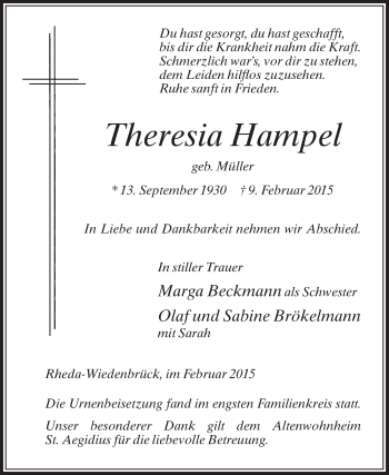Traueranzeige von Theresia Hampel von Die Glocke