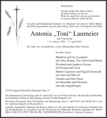 Traueranzeige von Antonia Laumeier von Die Glocke