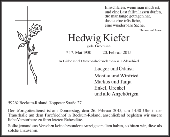 Traueranzeige von Hedwig Kiefer von Die Glocke