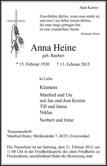 Traueranzeige von Anna Heine von Die Glocke