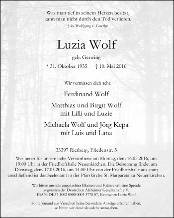 Traueranzeige von Luzia Wolf von Die Glocke