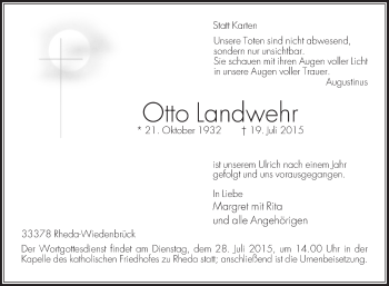 Traueranzeige von Otto Landwehr von Die Glocke