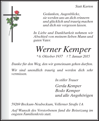 Traueranzeige von Werner Kemper von Die Glocke