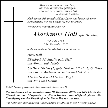 Traueranzeige von Marianne Hell von Die Glocke