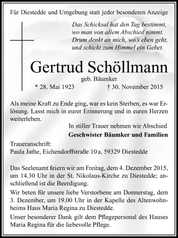 Traueranzeige von Gertrud Schöllmann von Die Glocke