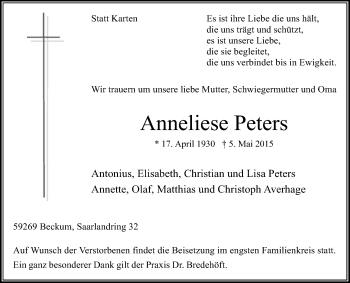Traueranzeige von Anneliese Peters von Die Glocke