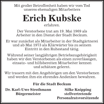 Traueranzeige von Erich Kubske von Die Glocke