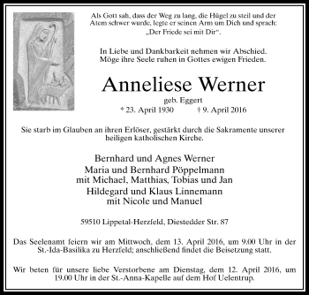 Traueranzeige von Anneliese Werner von Die Glocke