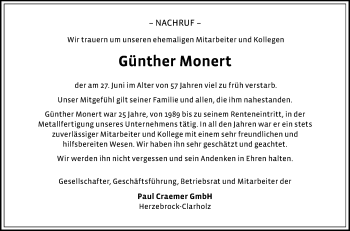 Traueranzeige von Günther Monert von Die Glocke