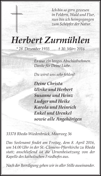 Traueranzeige von Herbert Zurmühlen von Die Glocke