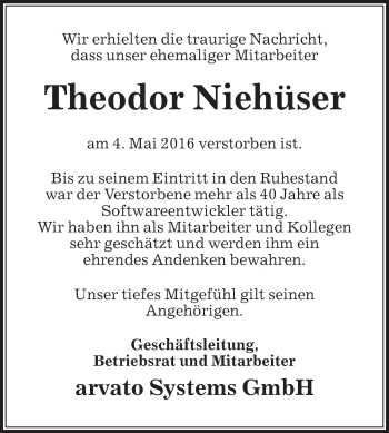 Traueranzeige von Theodor Niehüser von Die Glocke