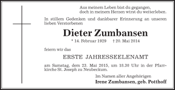 Traueranzeige von Dieter Zumbansen von Die Glocke