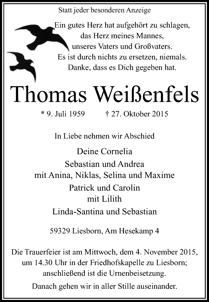  Traueranzeige für Thomas Weißenfels vom 31.10.2015 aus Die Glocke