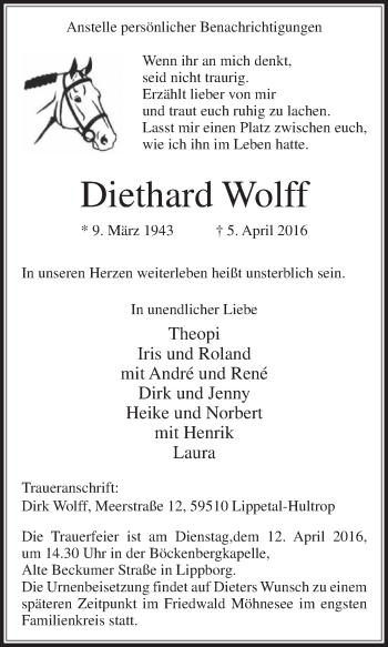 Traueranzeige von Diethard Wolff von Die Glocke