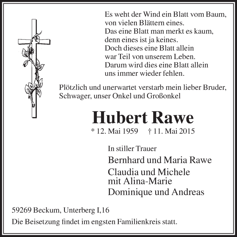  Traueranzeige für Hubert Rawe vom 23.05.2015 aus Die Glocke