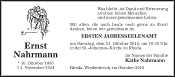 Traueranzeige von Ernst Nahrmann von Die Glocke