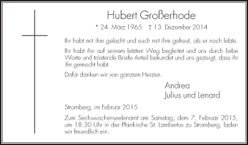 Traueranzeige von Hubert Großerhode von Die Glocke