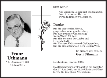 Traueranzeige von Franz Uthmann von Die Glocke