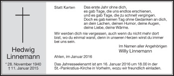 Traueranzeige von Hedwig Linnemann von Die Glocke