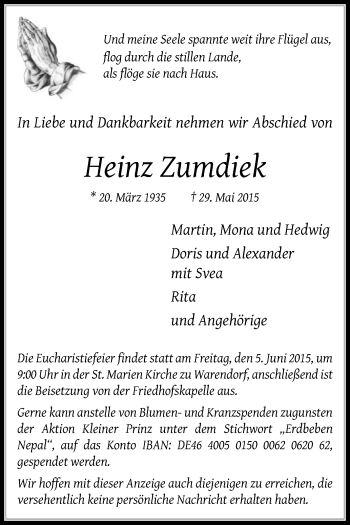 Traueranzeige von Heinz Zumdiek von Die Glocke